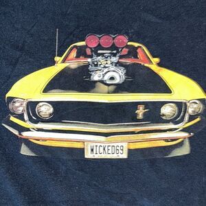 Wicked Quick wicked69 black 1969 Ford Mustang Yellow muscle cat T shirt 2XL XXL